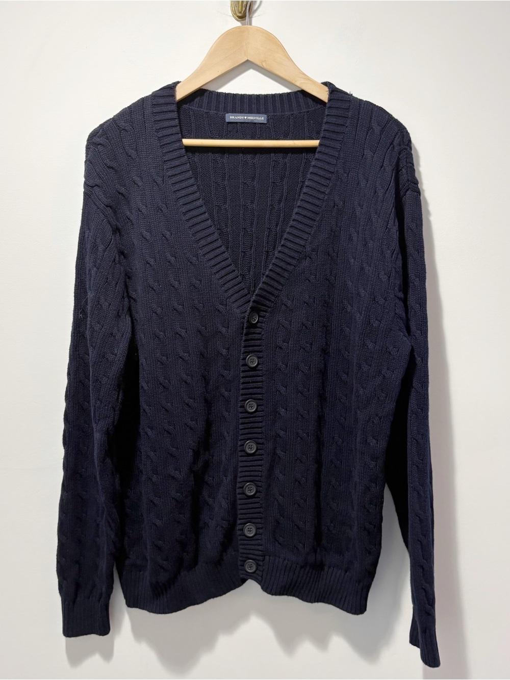 Brandy Melville Amber Cable Knit Cardigan Size Medium Relaxed Navy Blue V Neck